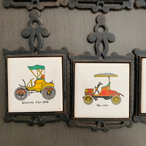Vintage 60s San Huan Cast Iron Tile Antique Car Trivets Decorative Tiles - Picture 3 of 6